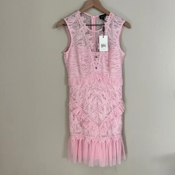 Bardot Francesca Pink Lady Lace Ruffle‎ Pleated Dress Size 6 Party Cocktail - Picture 2 of 9